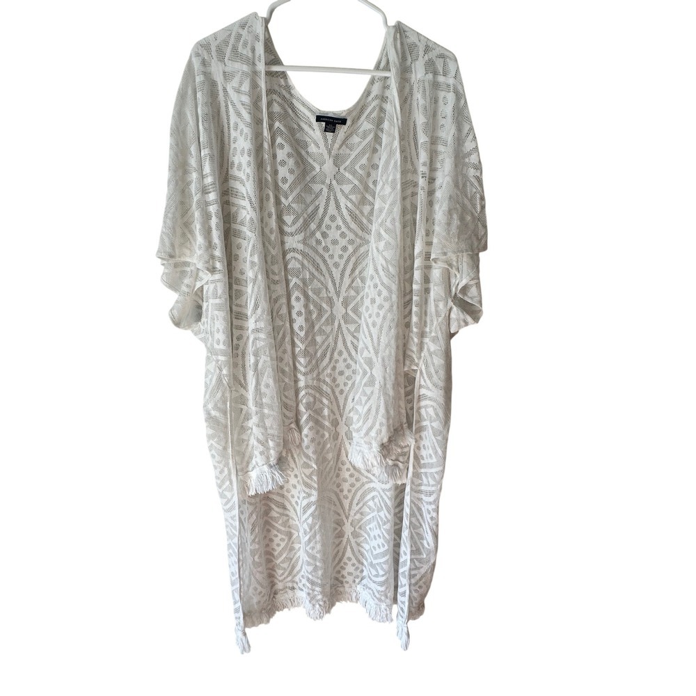 American Eagle White Geometric Lace Kimono Fringe Trim Cover Up OS